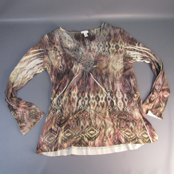 Chico's Boho Print Top Women's Size 2 V-Neck Shirt USA Made Large 12 L‎ Nature - Picture 1 of 8